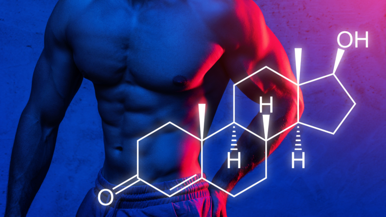 Chemical structure of testosterone with a muscular male torso in the background