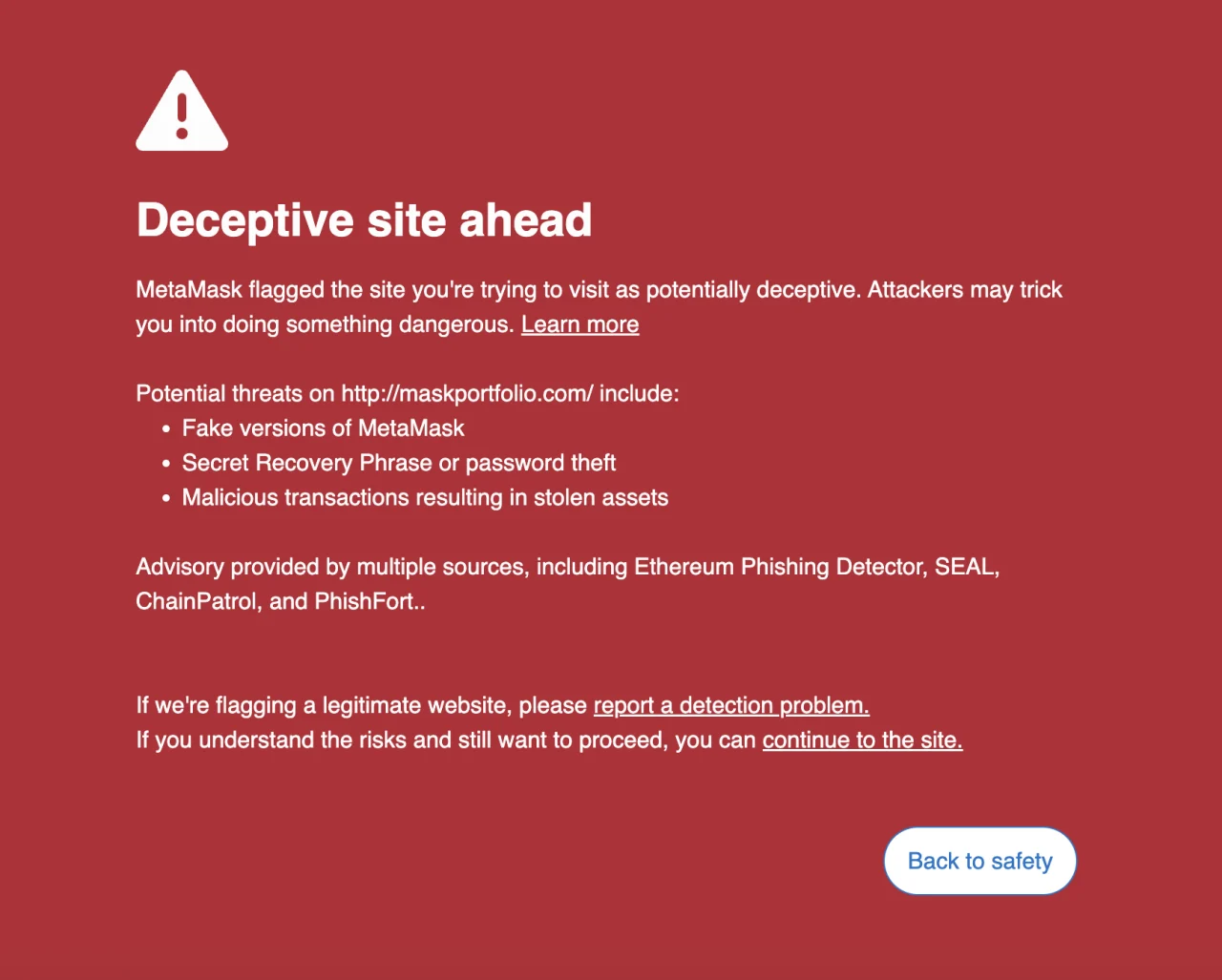 MetaMask Phishing Detect warning