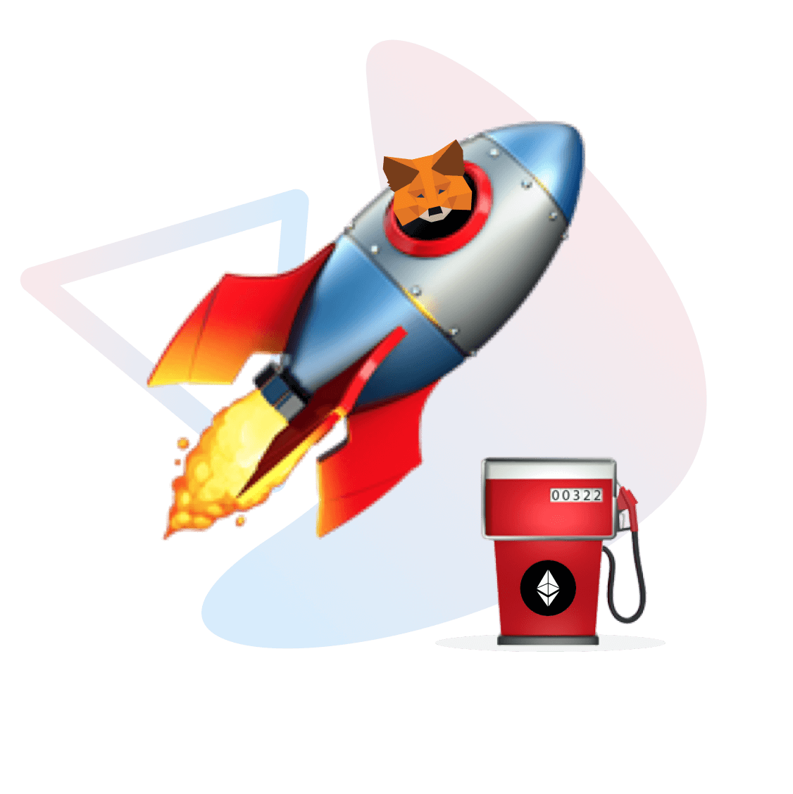 MetaMask fox in a rocket with a gas tank