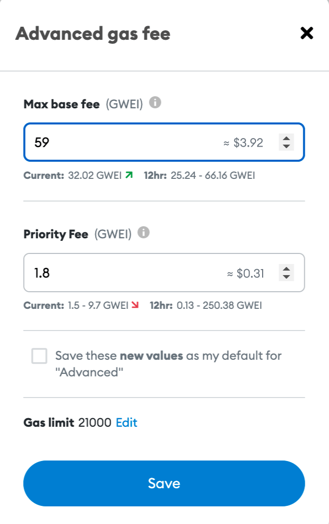 metamask gas limit and gas price