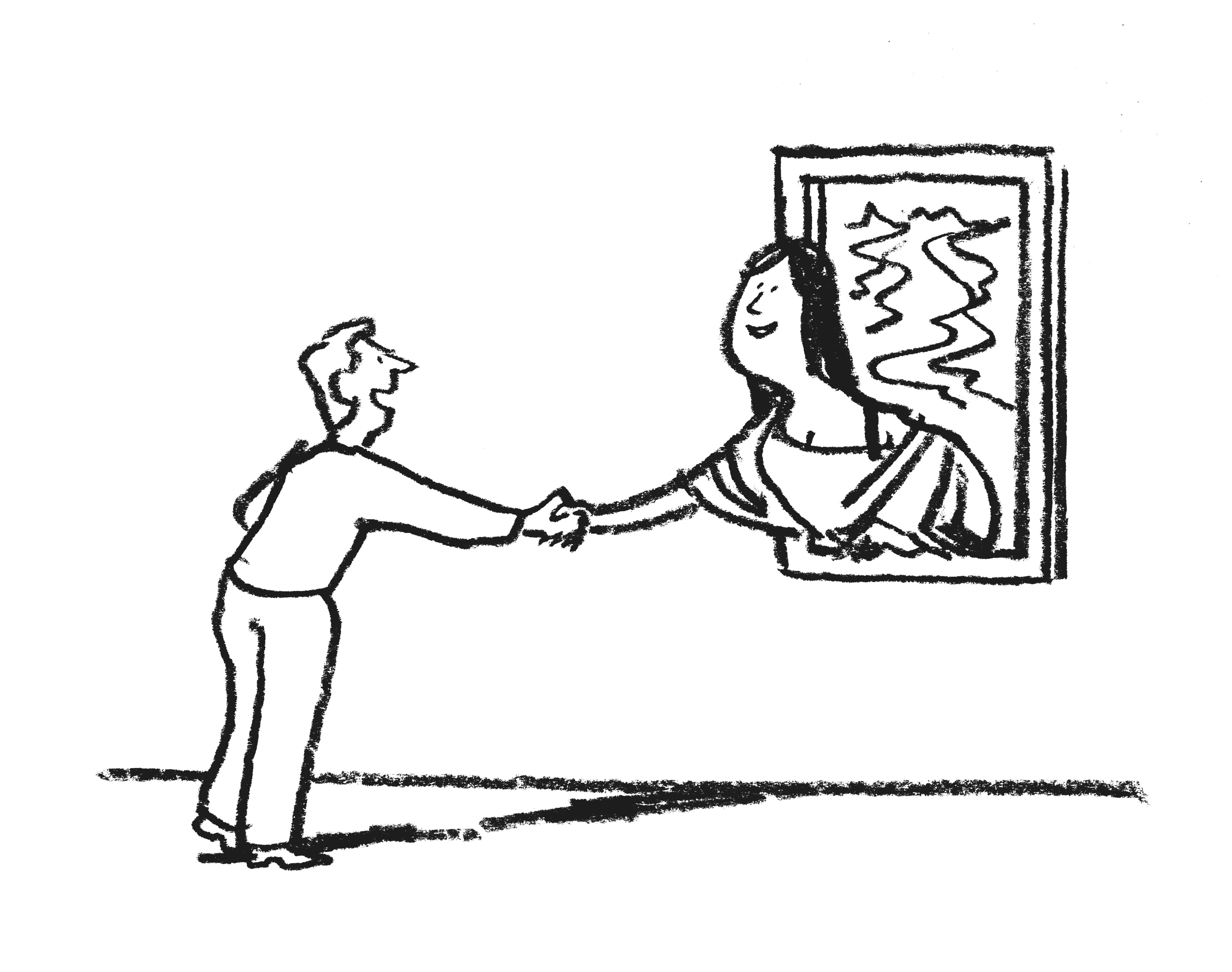 Man shakes hand with woman popping out of painting