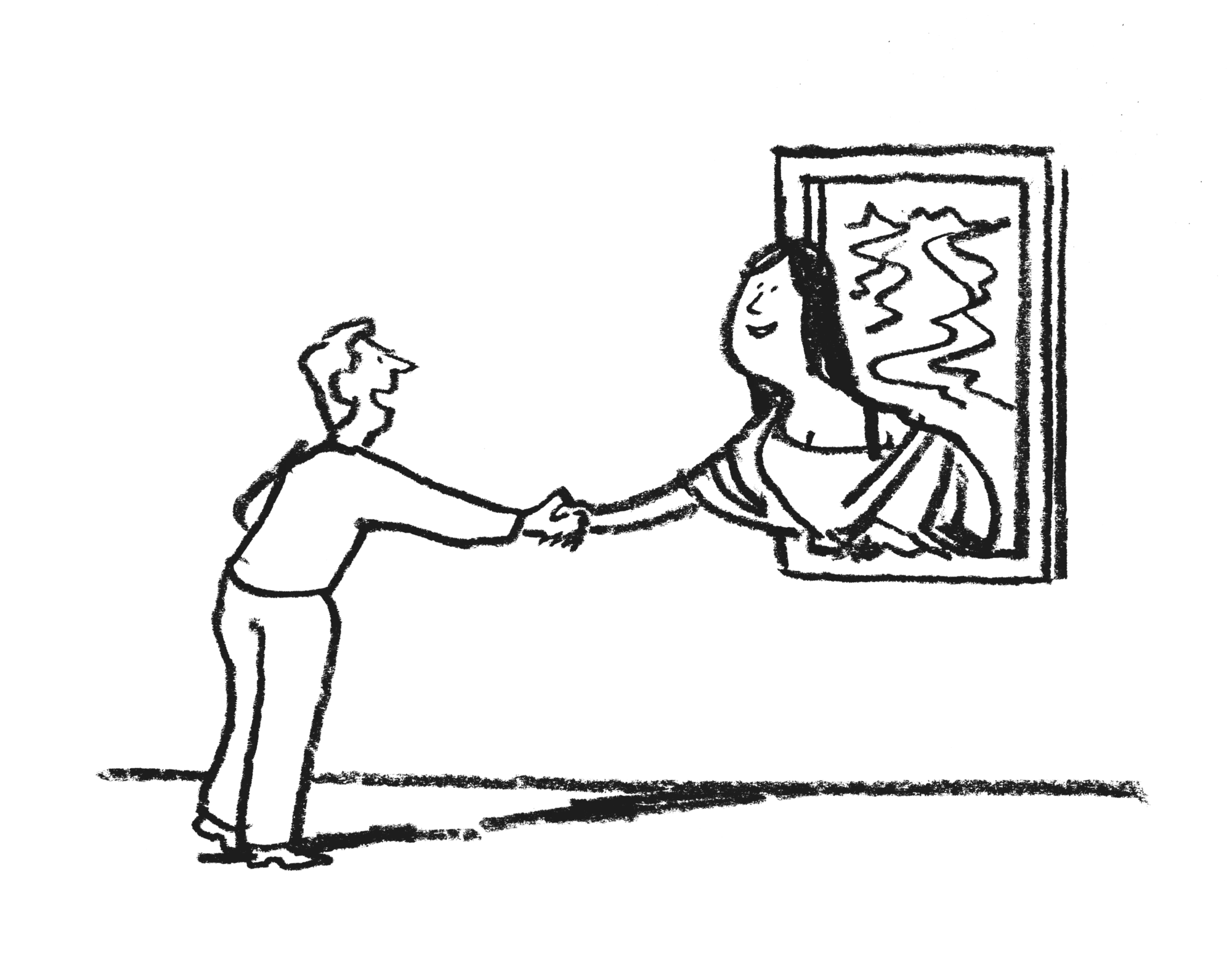 Man shakes hand with woman popping out of painting