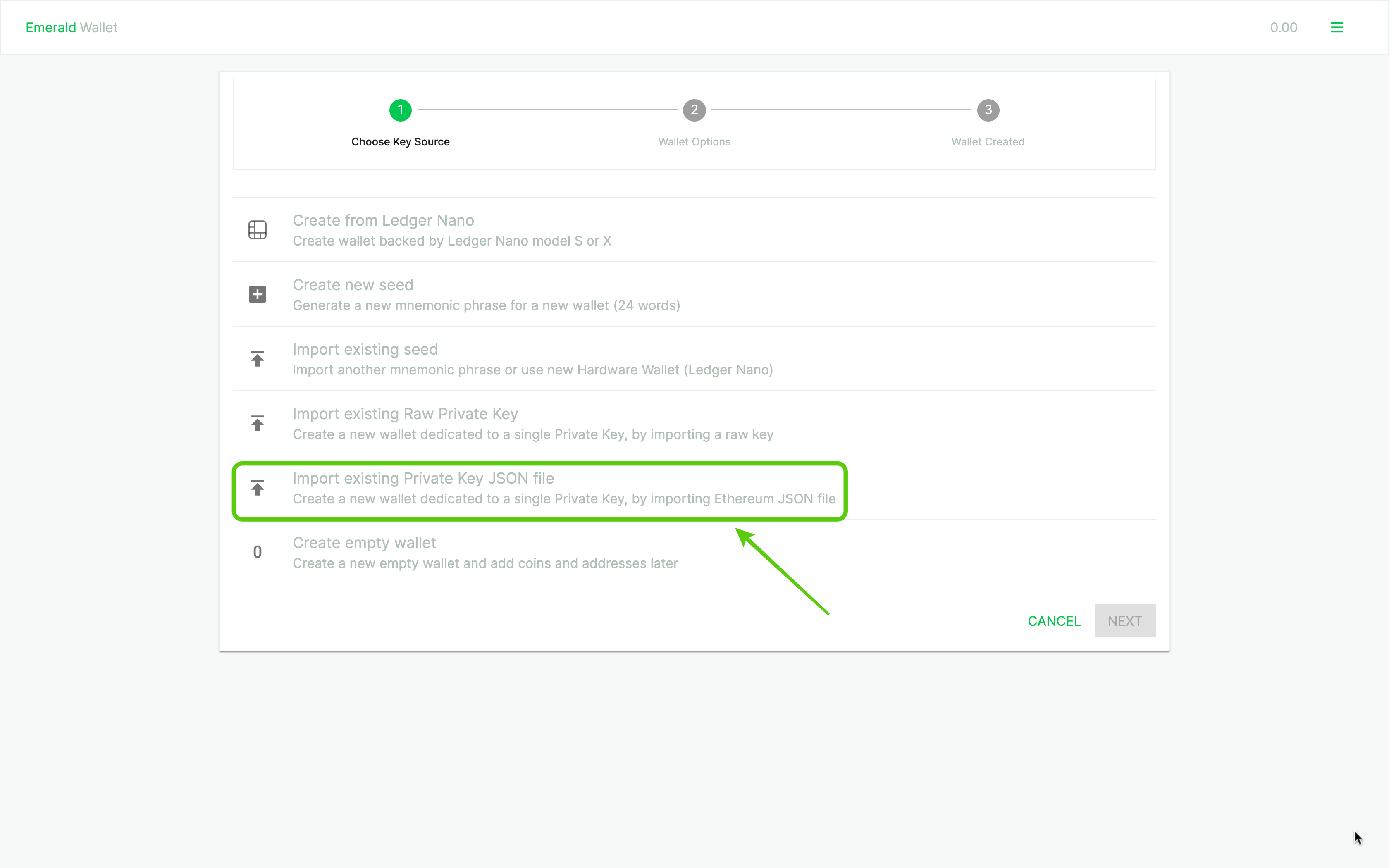 Select Import existing Private Key JSON file.