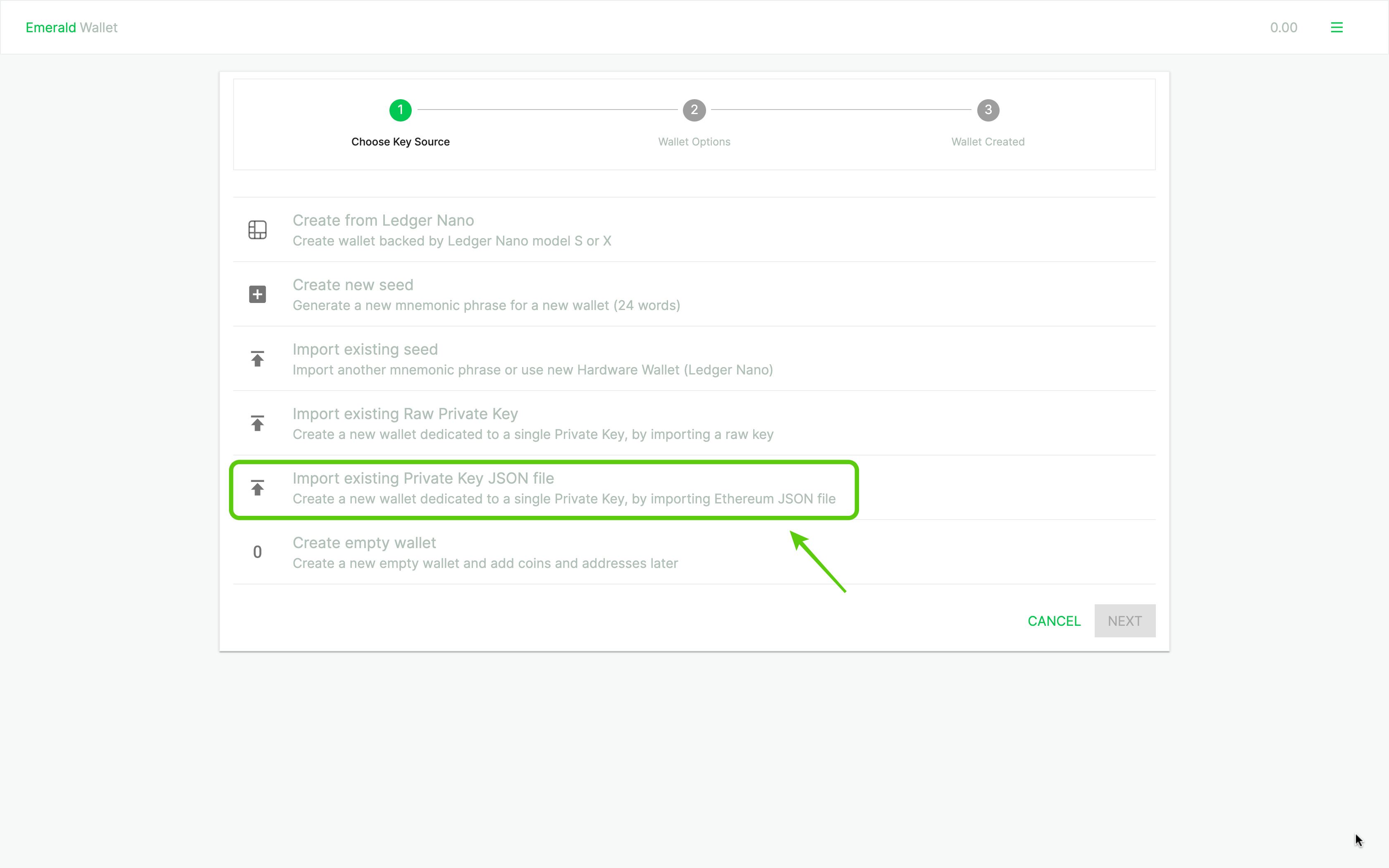 Select Import existing Private Key JSON file.