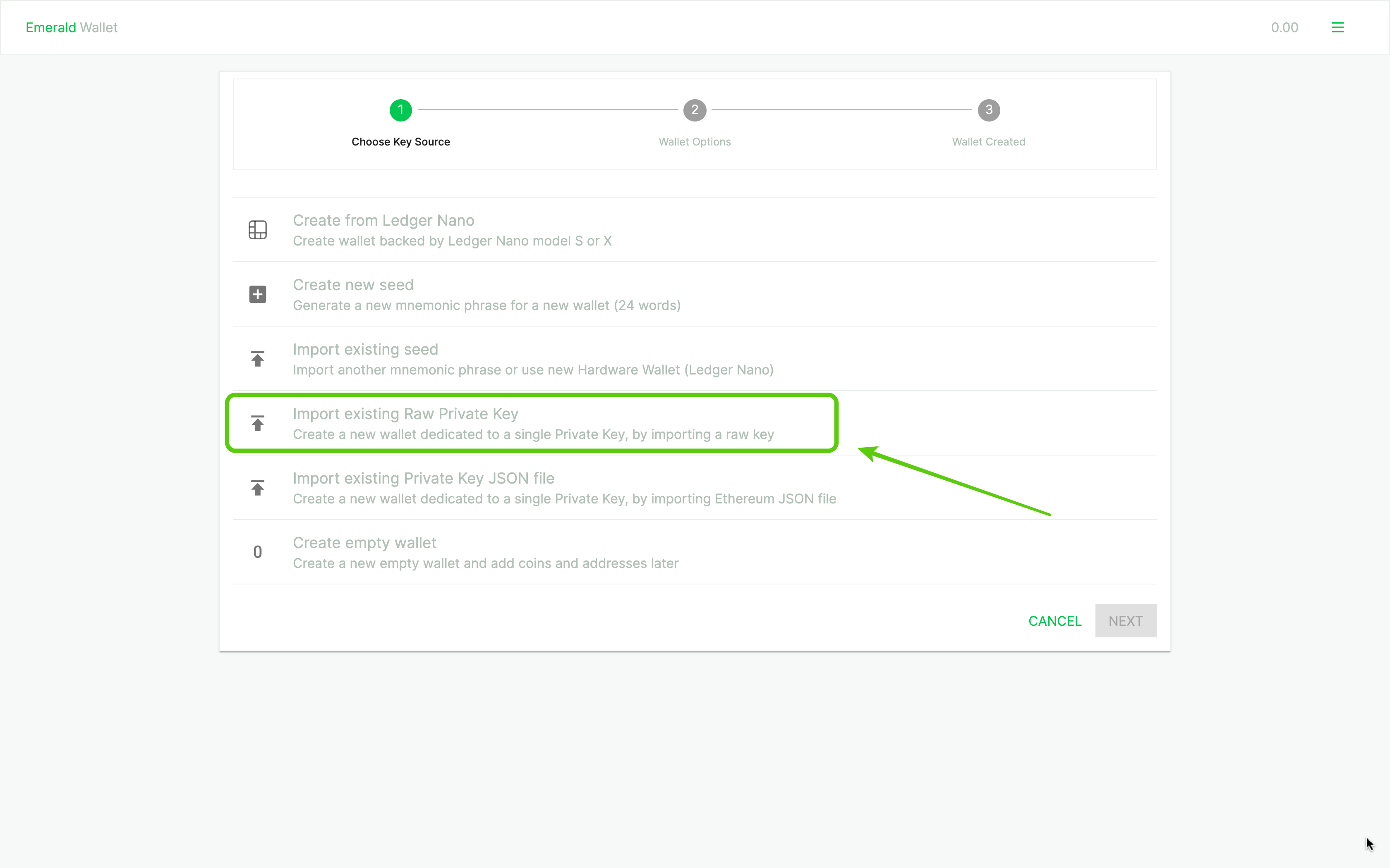 Import raw private key.