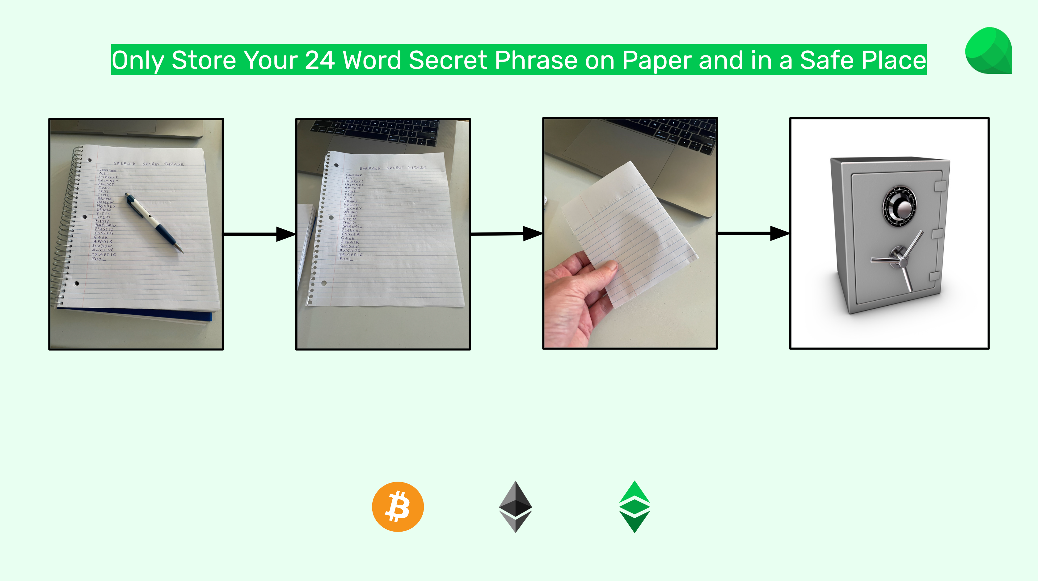 Store your secret phrase on paper.