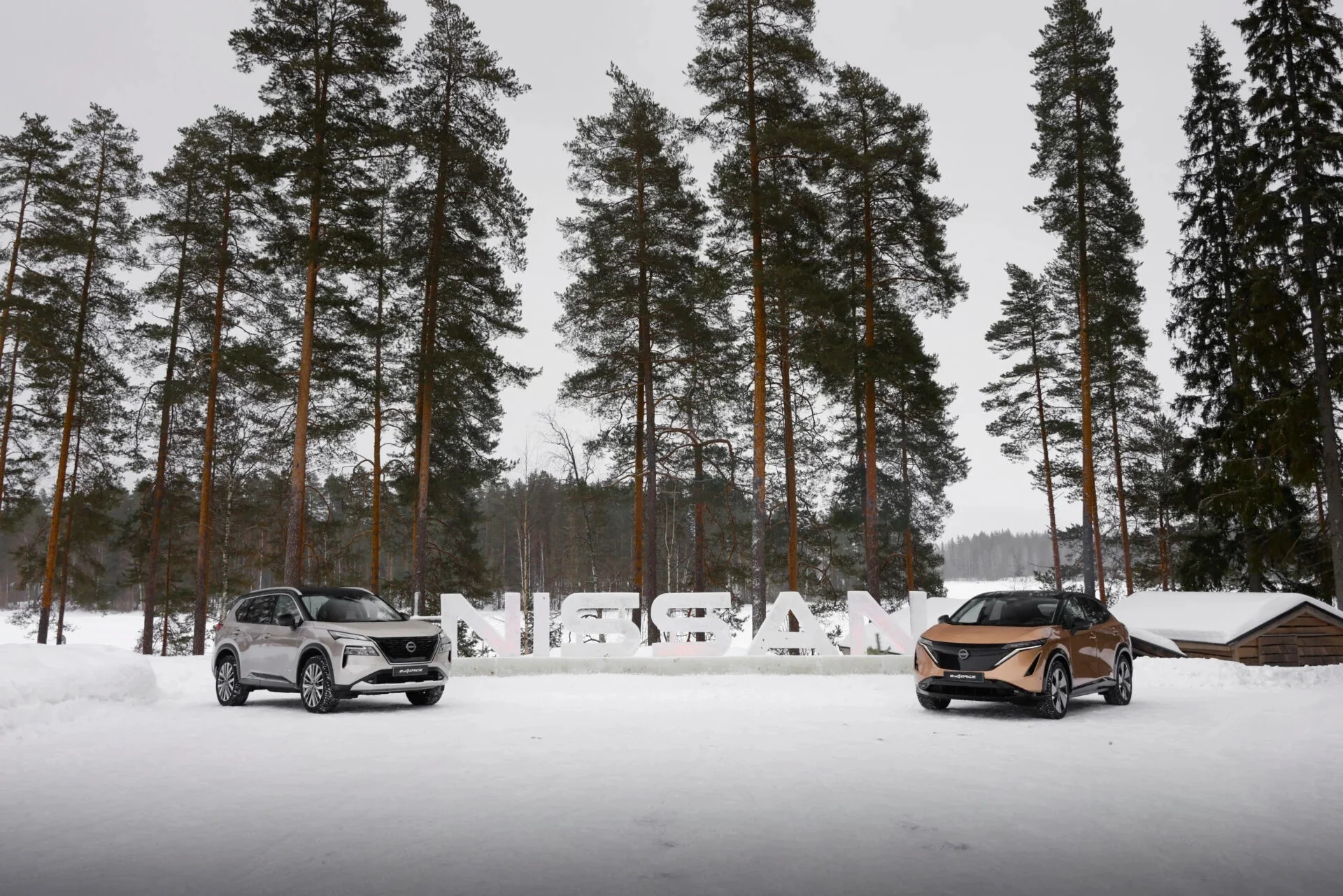 Två bilar i vintrig skogsmiljö