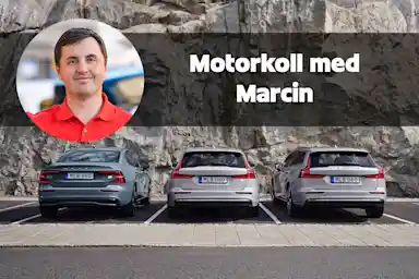 Montage med Marcin Stepman, texten Motorkoll med Marcin, samt tre parkerade volvo-bilar