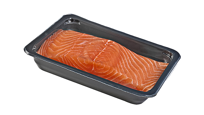 With TraySkin®, Nemco offers an attractive packaging solution for your food products, such as salmon and other fish. A highly transparent skin film is placed over the product, preventing drip loss. This keeps the product in place and provides it with an outstanding presentation.