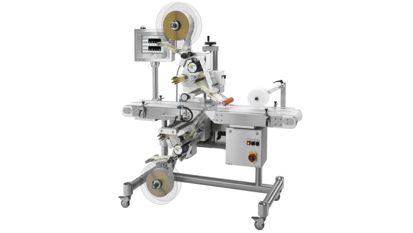 The ELS 330 labelling machine with automatic labelling/marking. Labelling machine, label dispenser for food and bottles.