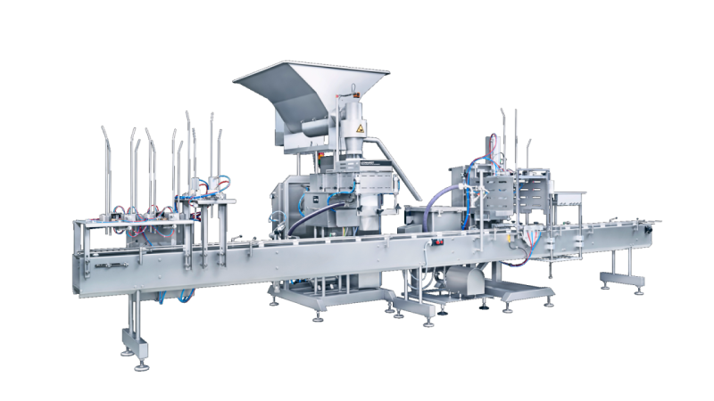 Complete line solution from Leonhardt. Dosing machine from Leonhardt, for dosing meat and other food products - also called filling plant and filling machine.