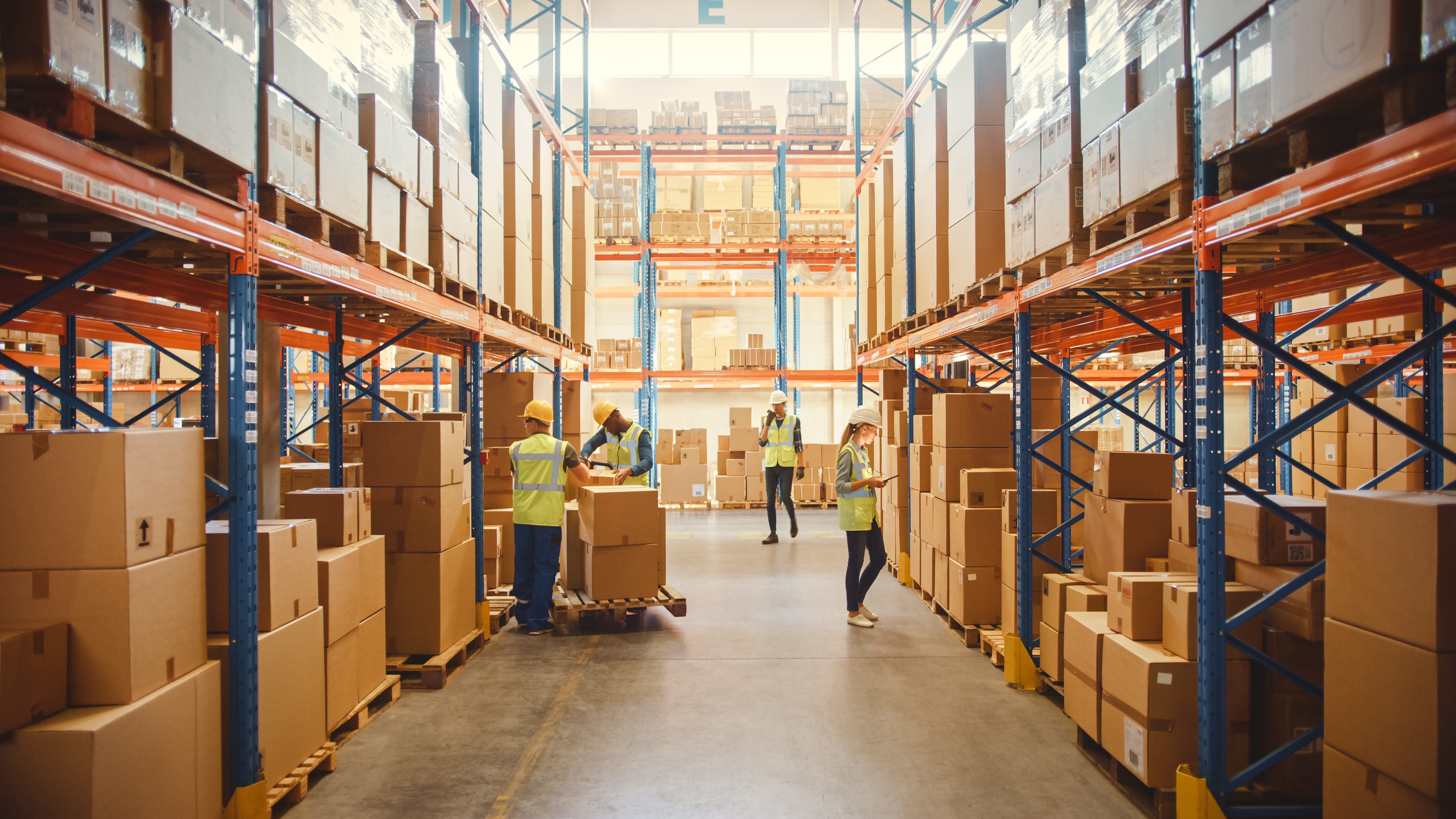 A team of warehouse workers in yellow safety jackets assess inventory of boxed goods.