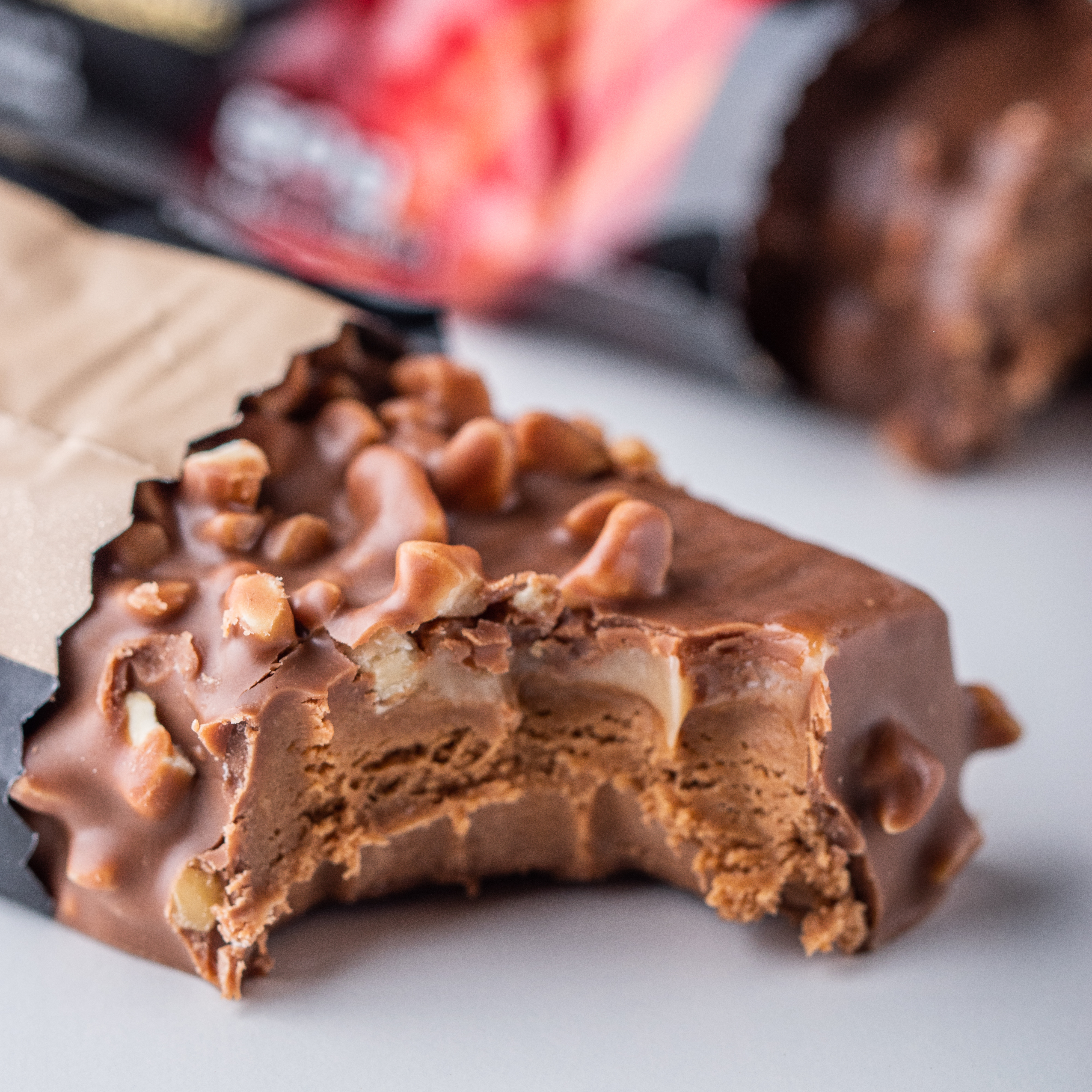 A diet bar with a big bite taken out of it.