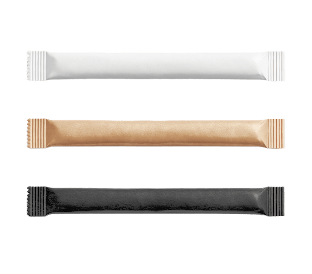 White, brown, and black sugar packets in a vertical line