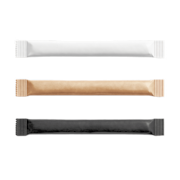 White, brown, and black sugar packets in a vertical line