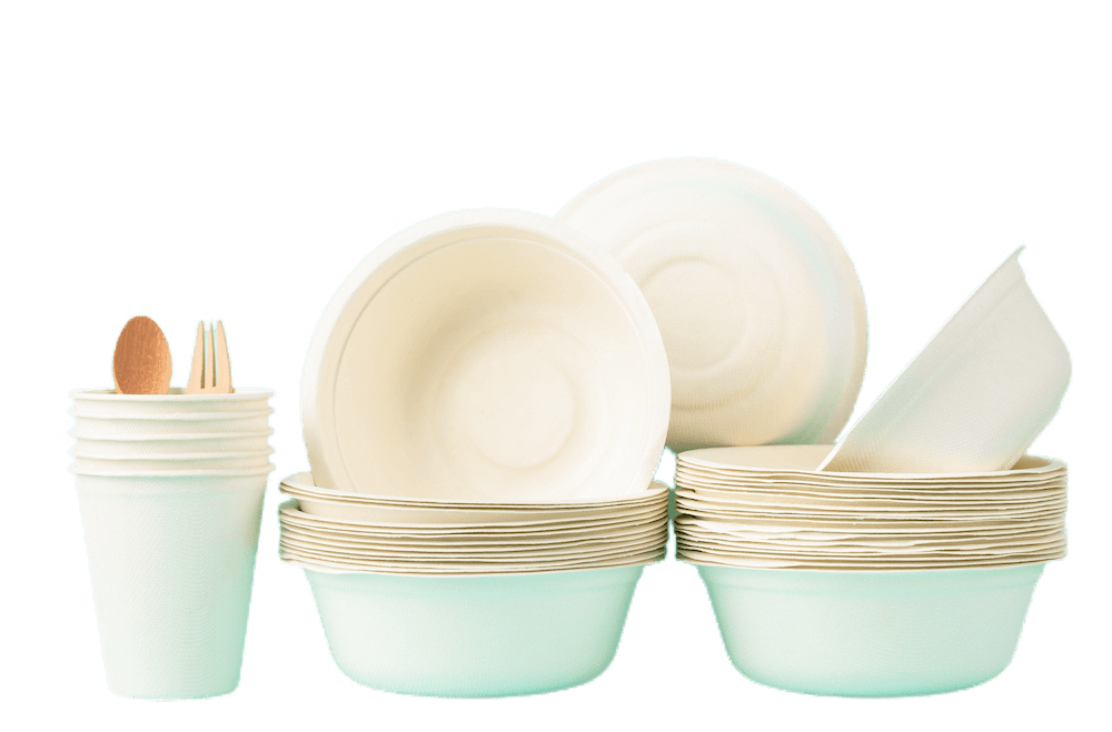 A stack of cups and two stacks of bowls