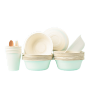 A stack of cups and two stacks of bowls