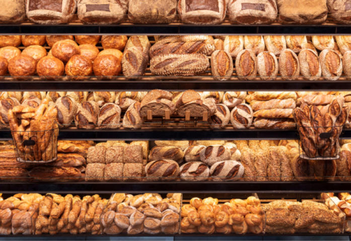 Five shelves of fresh baked goods