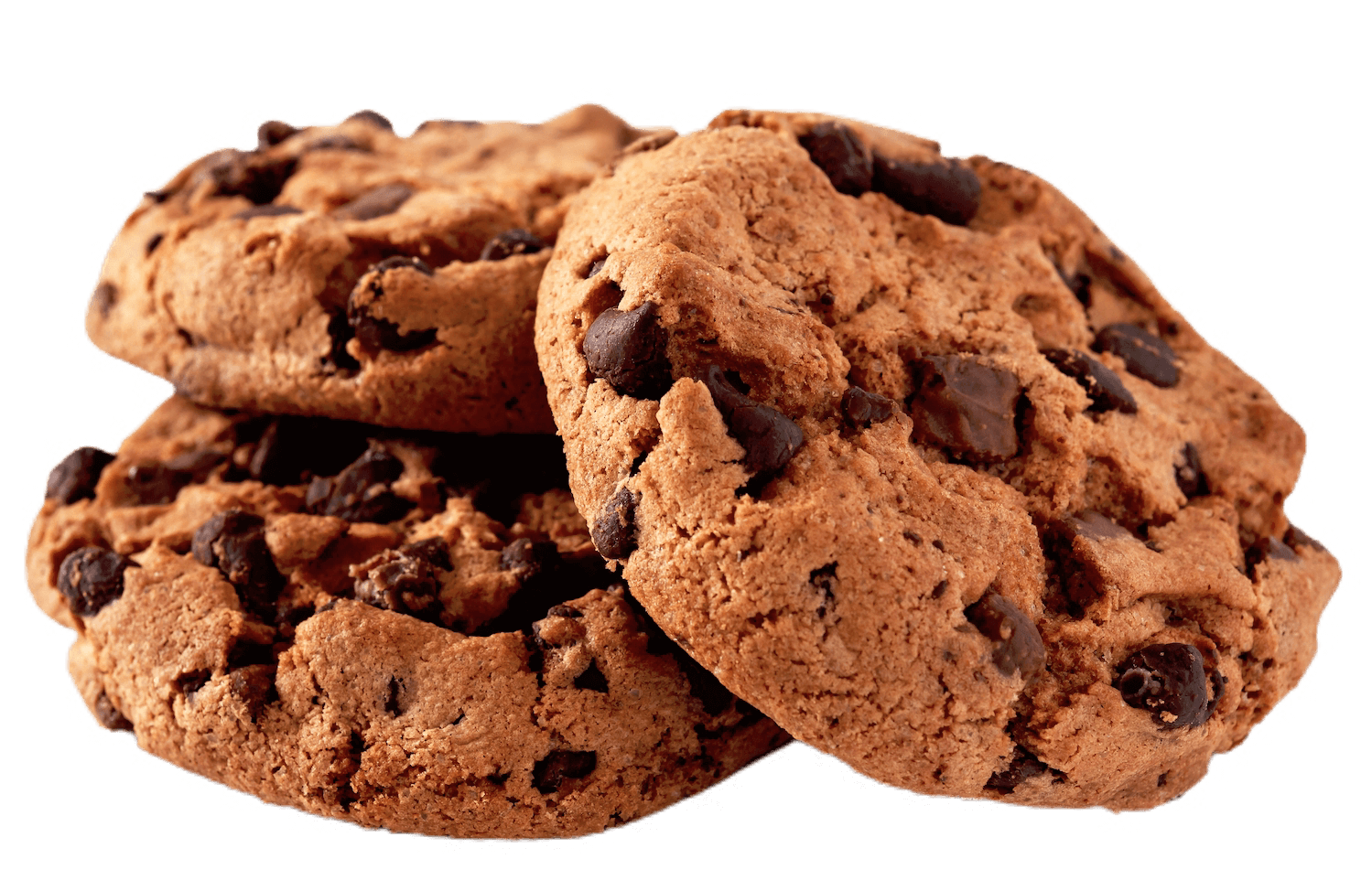 Three fresh chocolate chip cookies