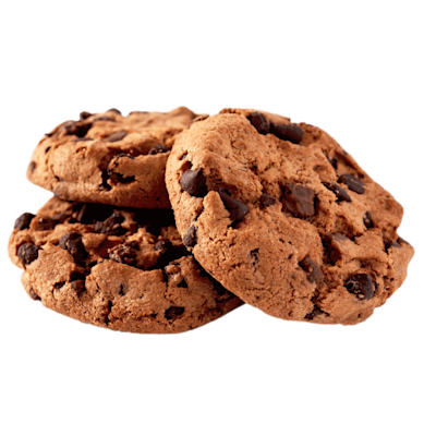 Three fresh chocolate chip cookies