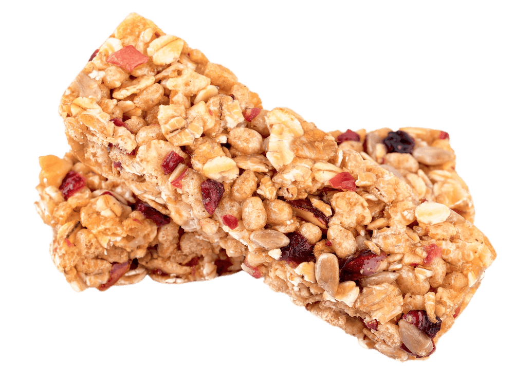 Two nutritious granola bars, loaded with granola and pieces of fruit