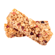 Two nutritious granola bars, loaded with granola and pieces of fruit