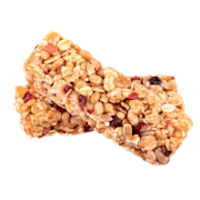Two nutritious granola bars, loaded with granola and pieces of fruit