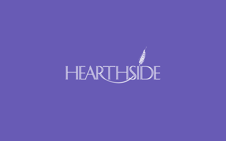 The hearthside logo in white on purple