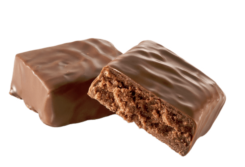 A healthy functional bar, broken in half to display the chocolatey goodness within