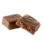 A healthy functional bar, broken in half to display the chocolatey goodness within