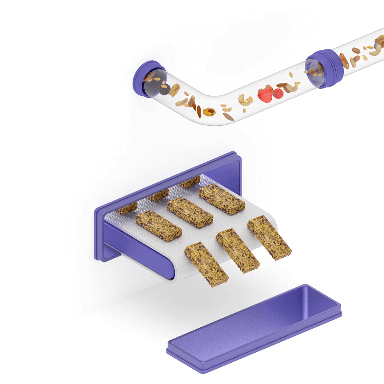 Abstract 3D render of food processing with a conveyor belt dispensing granola bars.