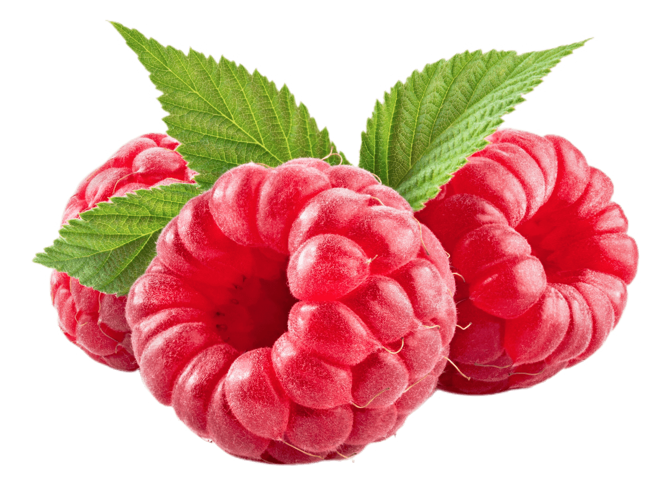 Three juicy raspberries.