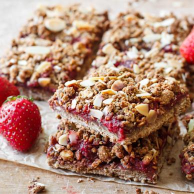 Breakfast bars with red strawberries.