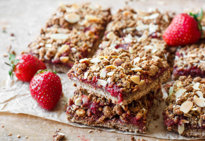 Breakfast bars with red strawberries.