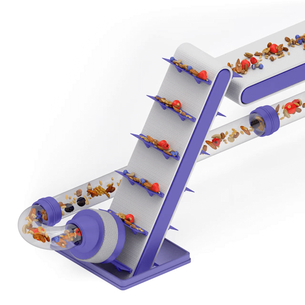 Abstract 3D render of food processing with an angled conveyor belt.