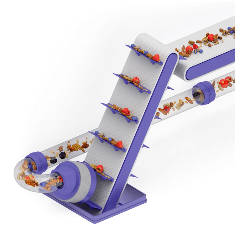 Abstract 3D render of food processing with an angled conveyor belt.