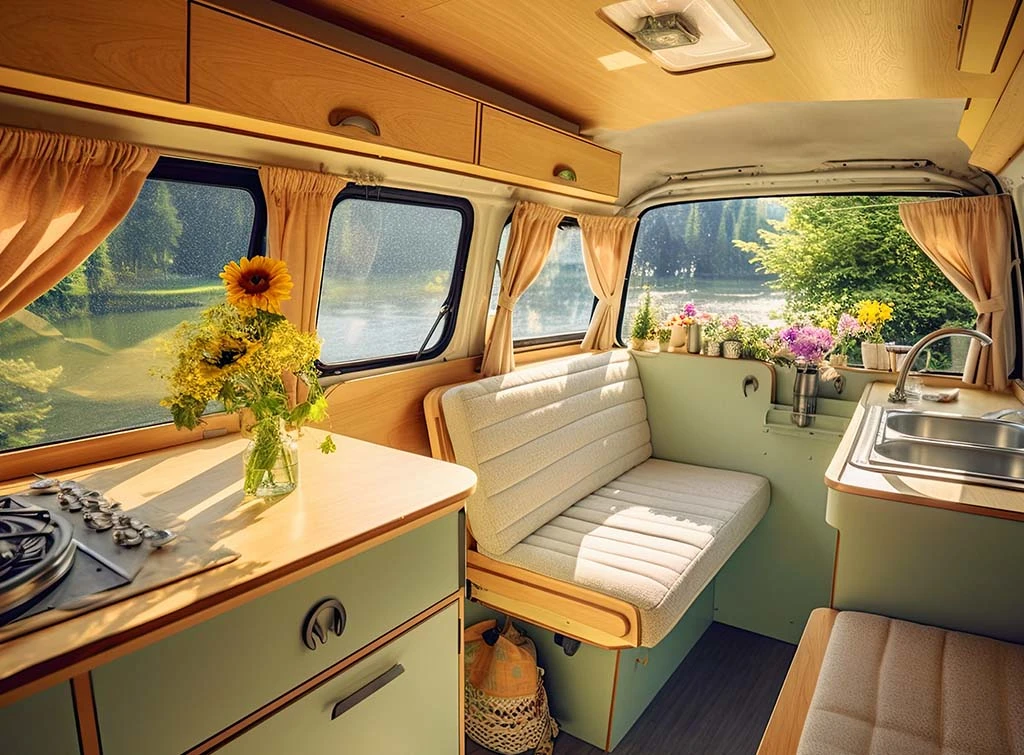 pastel coloured interior in campervan