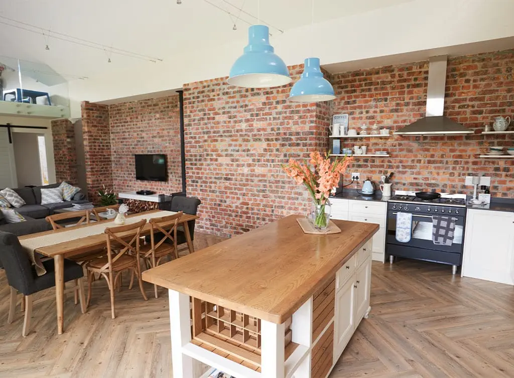 open plan kitchen living dining rooms