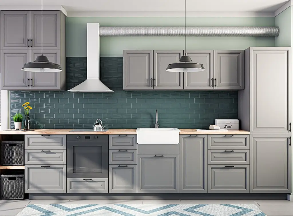 teal coloured splashback - two toned kitchen ideas