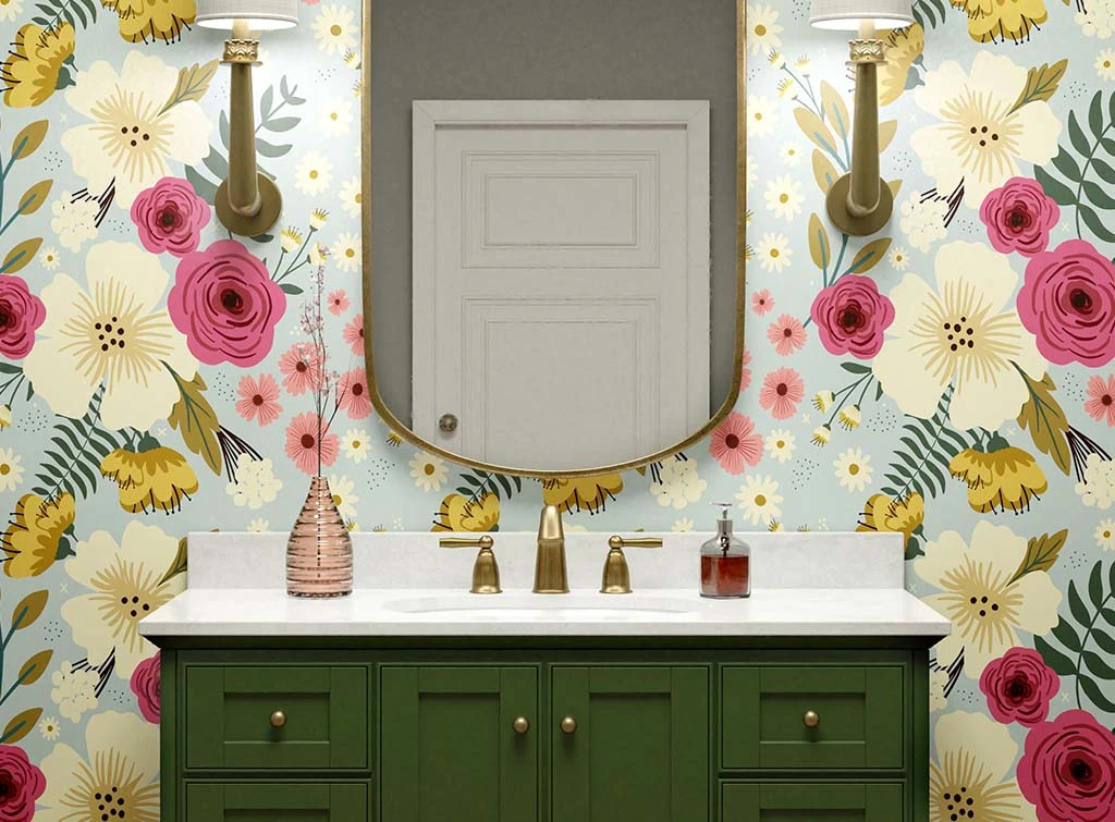 pretty wallpaper around a vanity basin