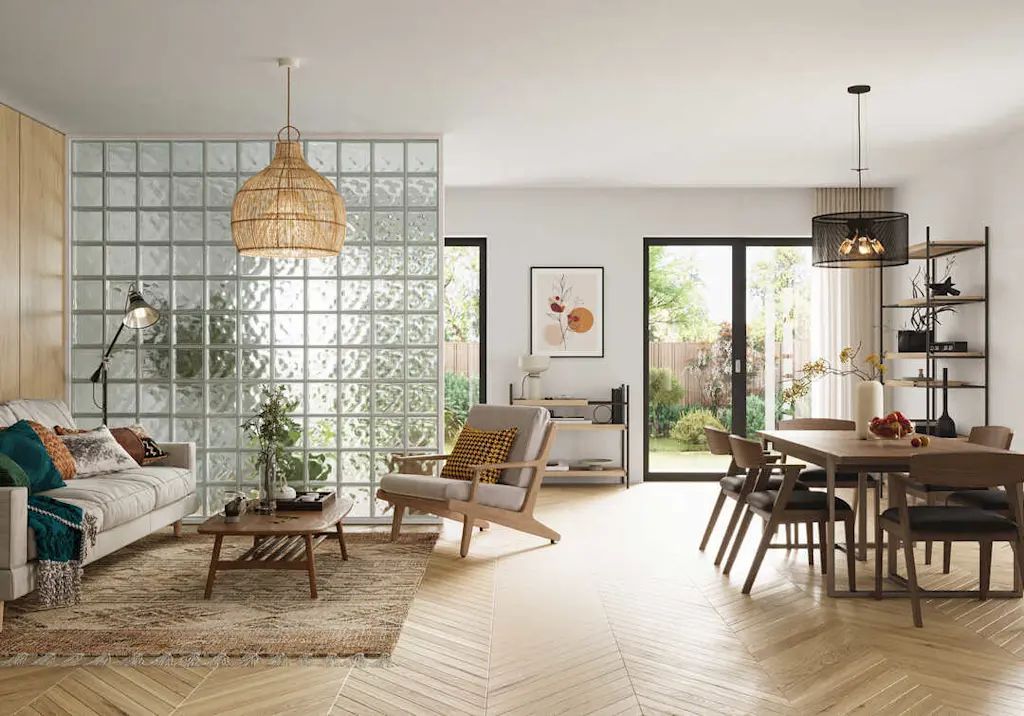 Glass block wall in living room resized