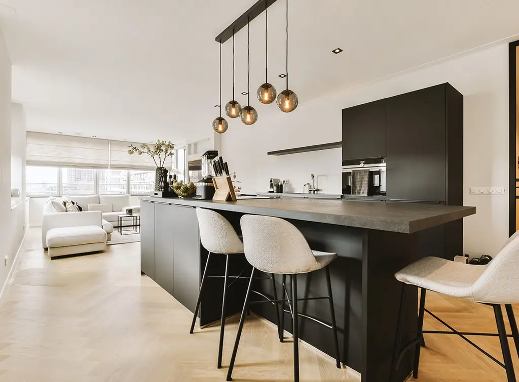 black and white open plan kitchen living room