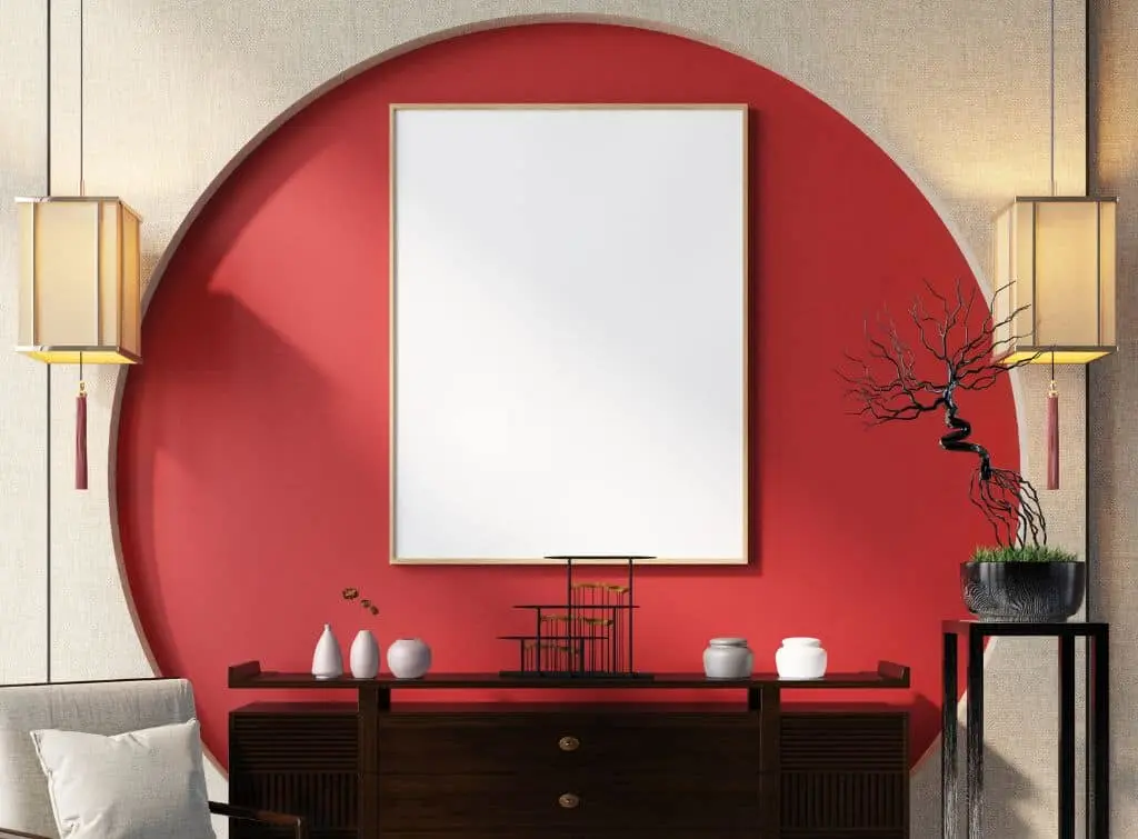 Red mural inset wall for living room paint ideas UK