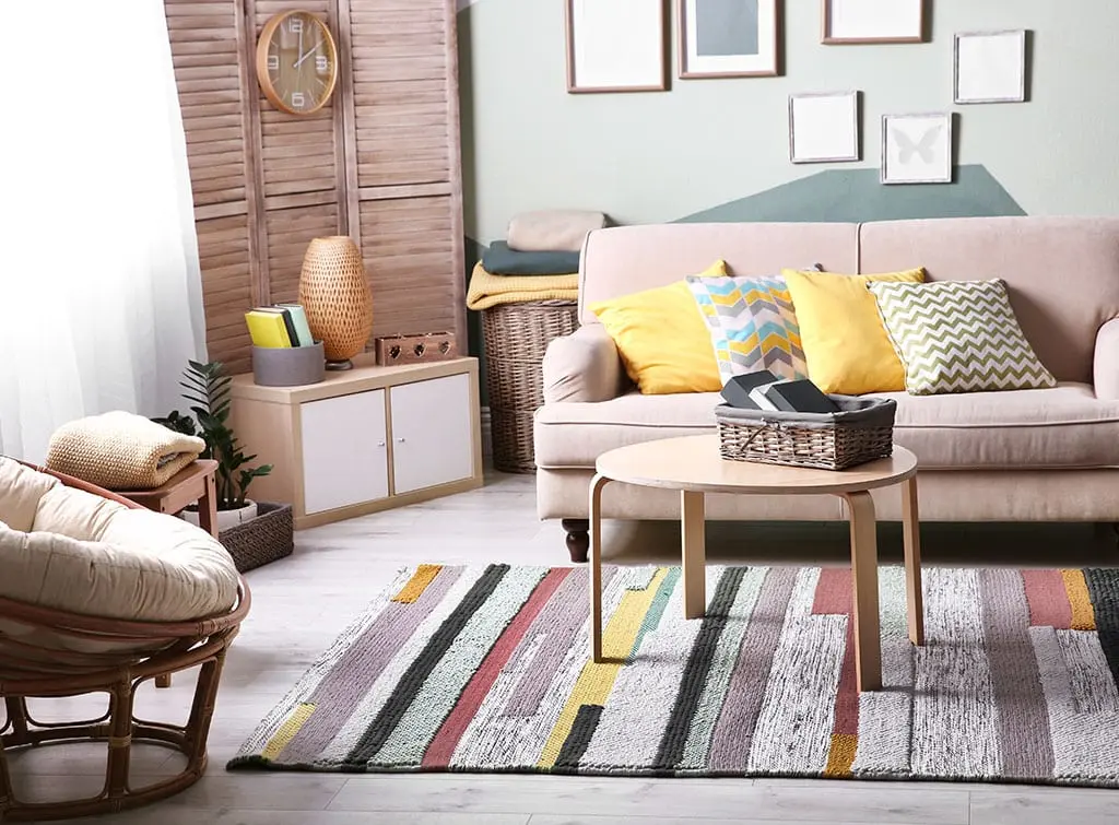 small living room with colourful rug