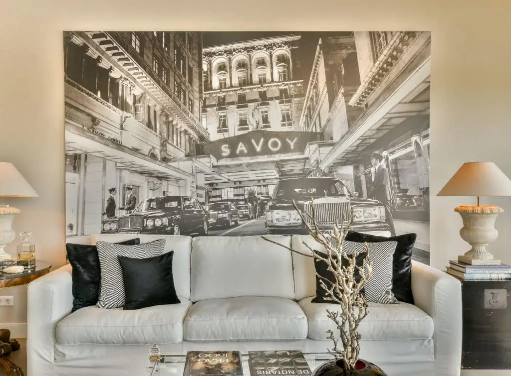 Greyscale cityscape wall mural for modern living room