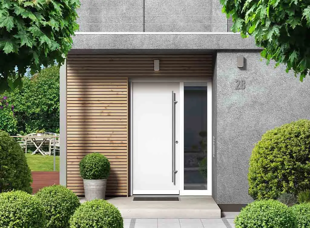 White composite front door on contemporary house
