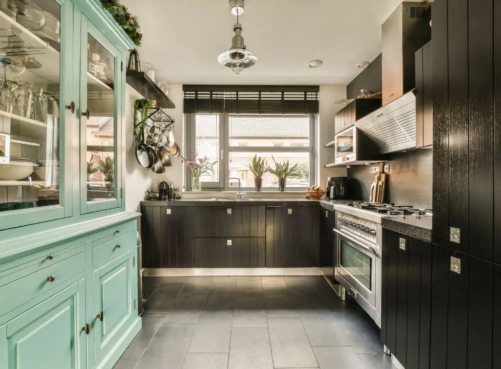 Green and black galley kitchen ideas - dual colours