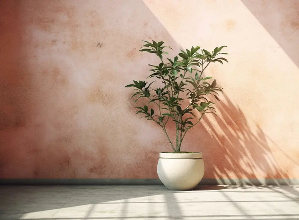 Peach plaster coloured wall and potted plant