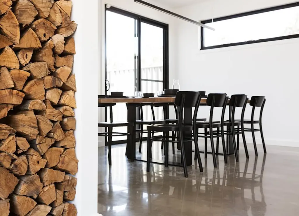 Polished floor with log stack