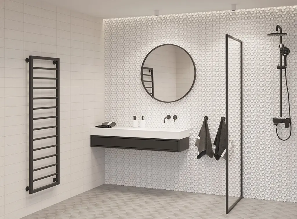 Heated towel rail in a modern bathroom